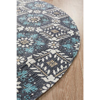 Flekke 242 Printed Blue Hand Woven Flatweave Modern Cotton Round Rug - Rug Of Beauty - 4