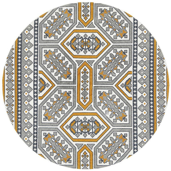 Flekke 243 Printed Gold Grey White Hand Woven Flatweave Modern Cotton Round Rug - Rugs Of Beauty - 1