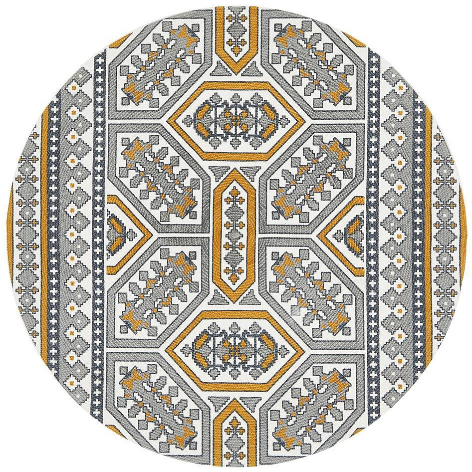 Flekke 243 Printed Gold Grey White Hand Woven Flatweave Modern Cotton Round Rug - Rugs Of Beauty - 1