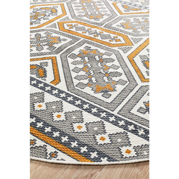 Flekke 243 Printed Gold Grey White Hand Woven Flatweave Modern Cotton Round Rug - Rugs Of Beauty - 3