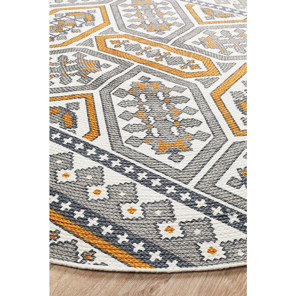 Flekke 243 Printed Gold Grey White Hand Woven Flatweave Modern Cotton Round Rug - Rugs Of Beauty - 3