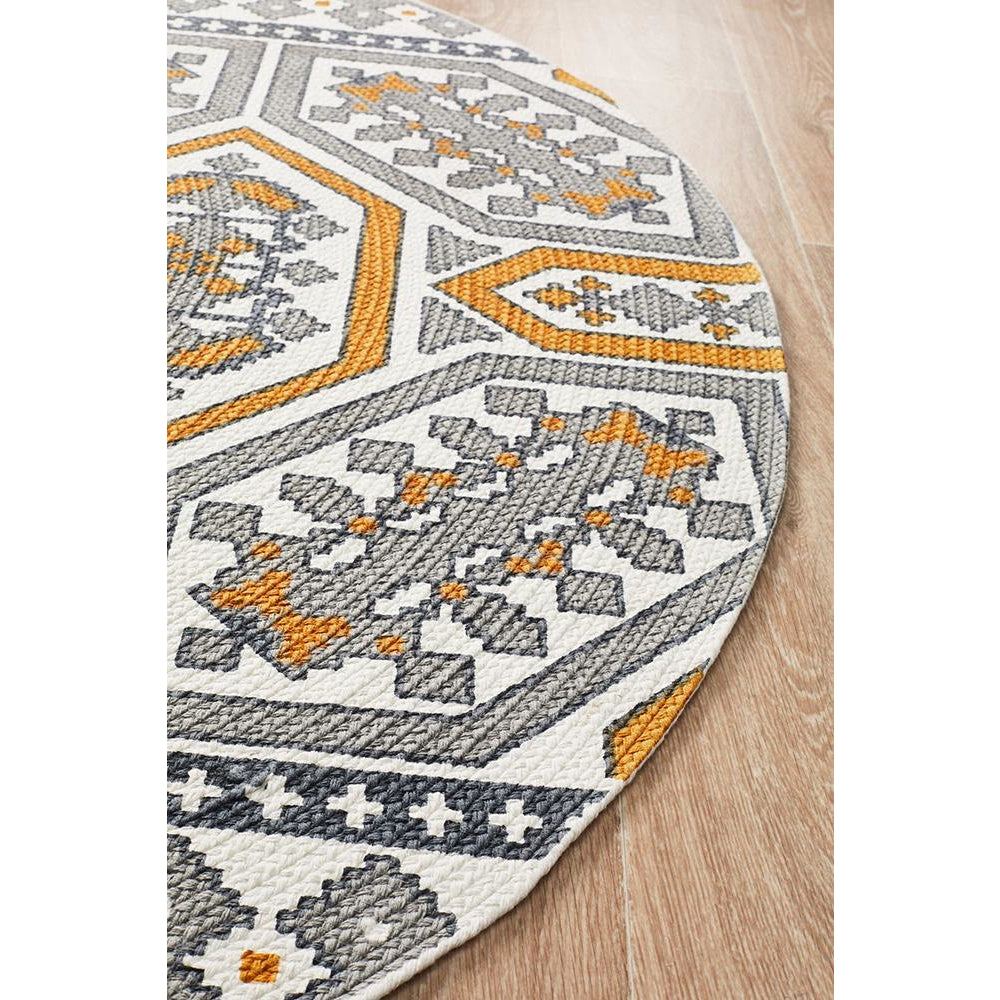 Flekke 243 Printed Gold Grey White Hand Woven Flatweave Modern Cotton Round Rug - Rugs Of Beauty - 4