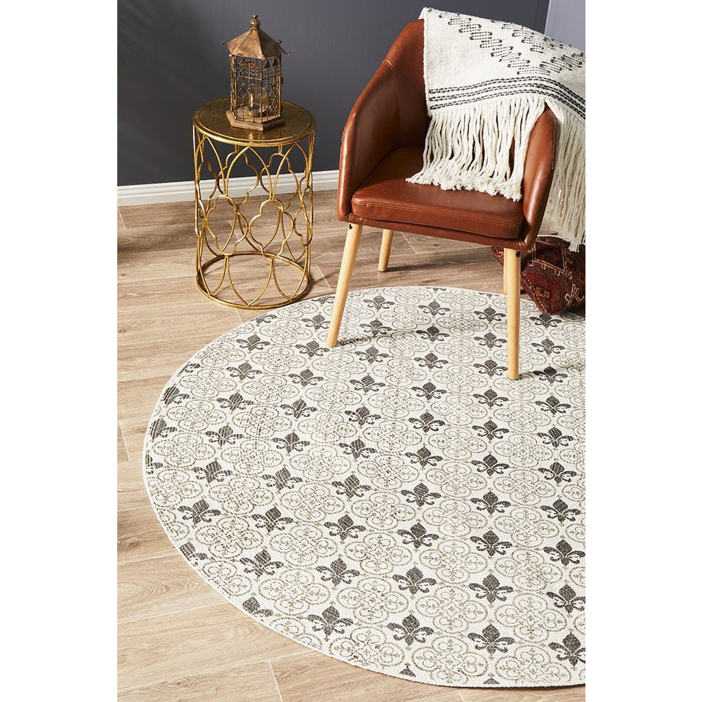 Flekke 244 Printed Silver Grey Cream Hand Woven Flatweave Modern Cotton Round Rug - Rugs Of Beauty - 2