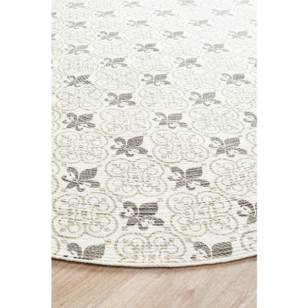 Flekke 244 Printed Silver Grey Cream Hand Woven Flatweave Modern Cotton Round Rug - Rugs Of Beauty - 3