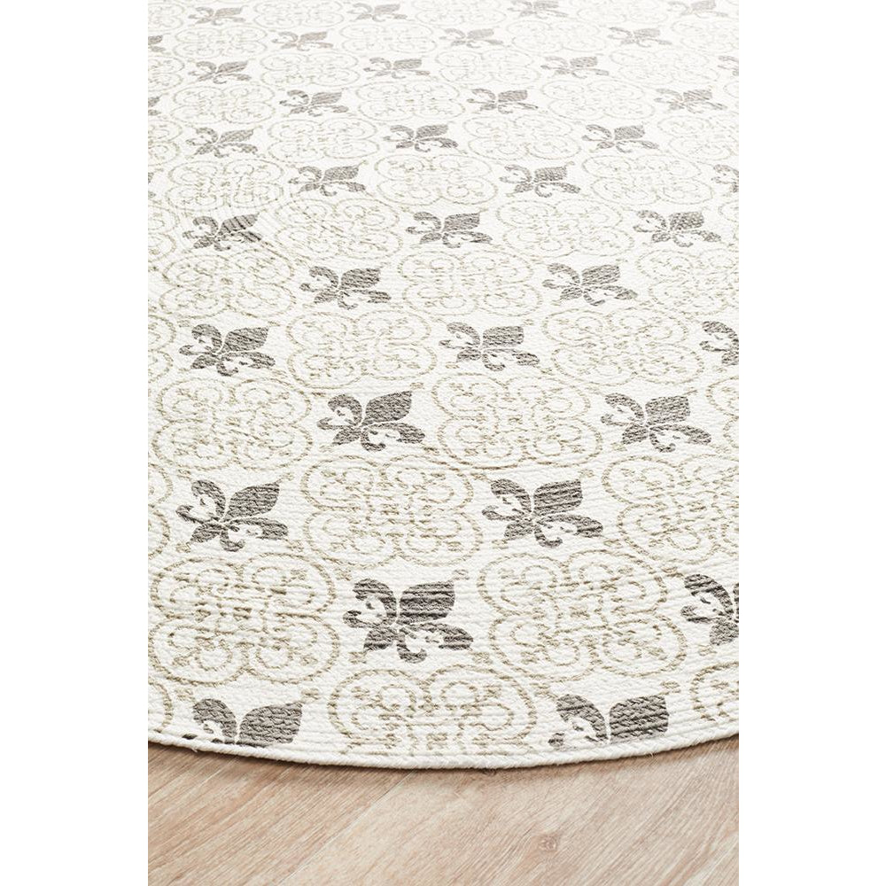 Flekke 244 Printed Silver Grey Cream Hand Woven Flatweave Modern Cotton Round Rug - Rugs Of Beauty - 3