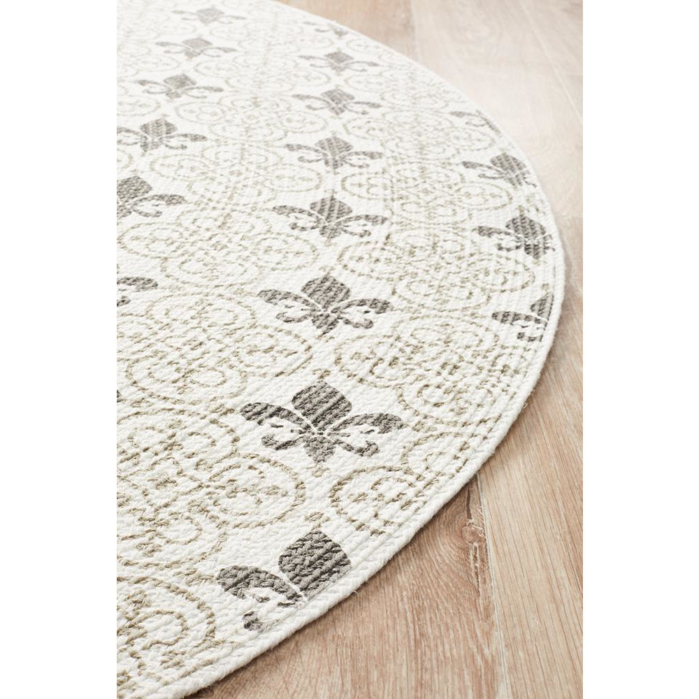Flekke 244 Printed Silver Grey Cream Hand Woven Flatweave Modern Cotton Round Rug - Rugs Of Beauty - 4