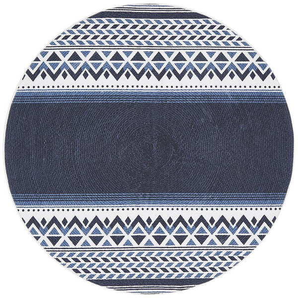 Flekke 245 Printed Blue White Hand Woven Flatweave Modern Cotton Round Rug - Rugs Of Beauty - 1