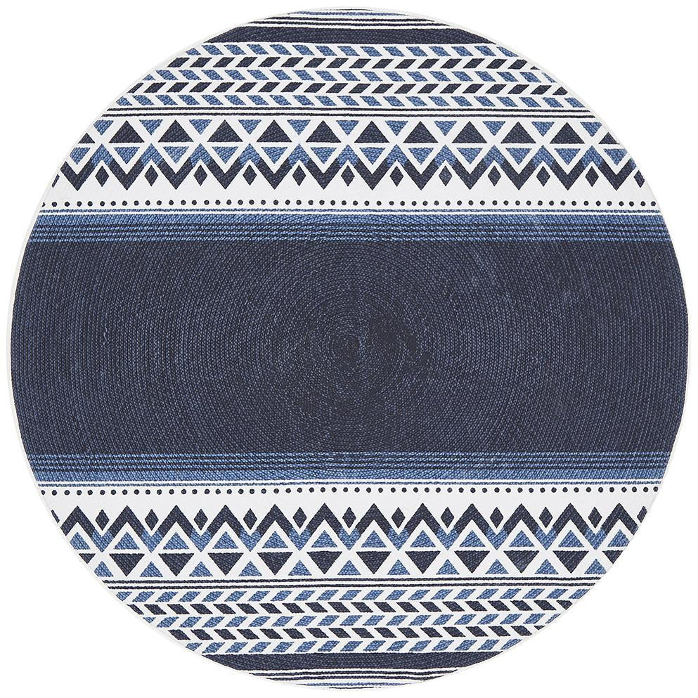 Flekke 245 Printed Blue White Hand Woven Flatweave Modern Cotton Round Rug - Rugs Of Beauty - 1