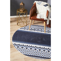Flekke 245 Printed Blue White Hand Woven Flatweave Modern Cotton Round Rug - Rugs Of Beauty - 2