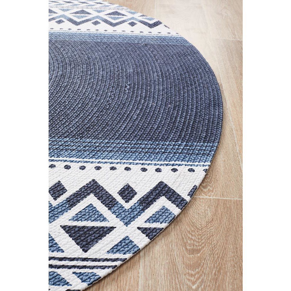 Flekke 245 Printed Blue White Hand Woven Flatweave Modern Cotton Round Rug - Rugs Of Beauty - 4