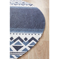 Flekke 245 Printed Blue White Hand Woven Flatweave Modern Cotton Round Rug - Rugs Of Beauty - 4