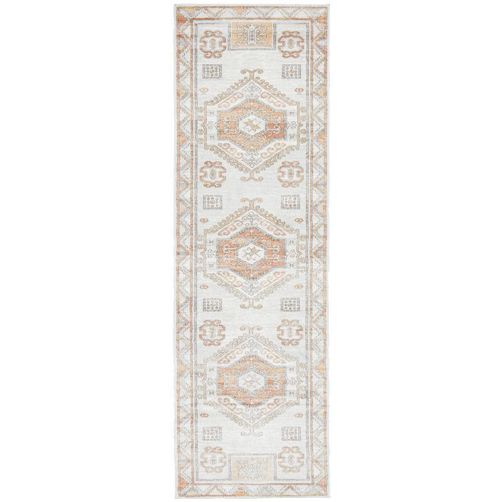 Bergen 1431 Peach Natural White Silver Transitional Medallion Patterned Runner Rug - Rugs Of Beauty - 1