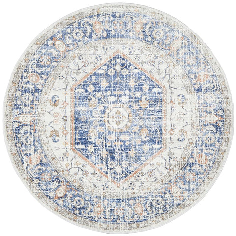 Bergen 1433 Ocean Blue Peach Transitional Medallion Patterned Round Rug - Rugs Of Beauty - 1