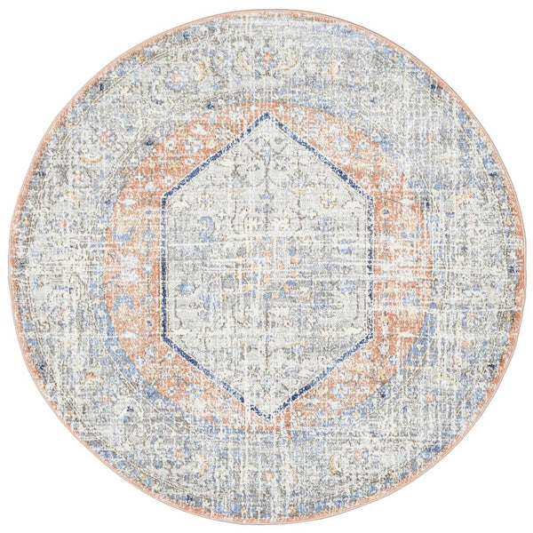 Bergen 1433 Peach Ocean Blue Transitional Medallion Patterned Round Rug - Rugs Of Beauty - 1