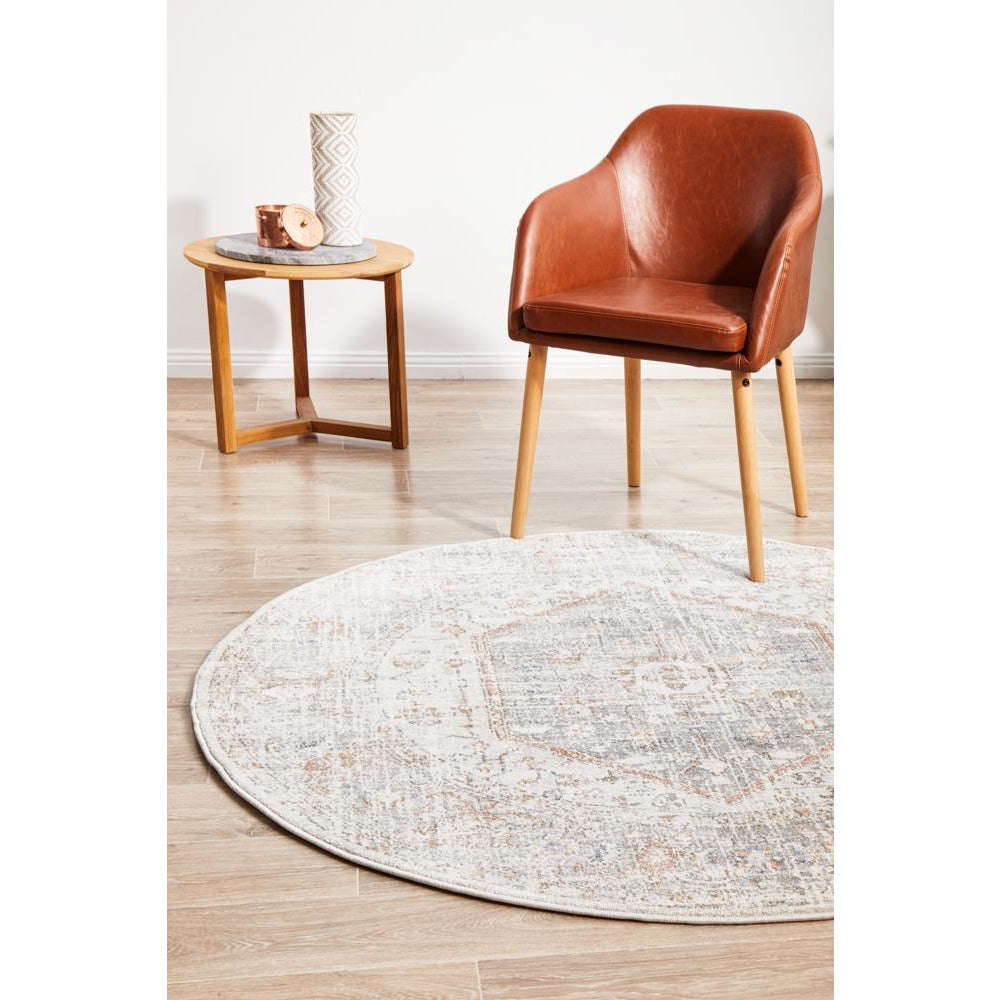 Bergen 1433 Silver Grey Soft Blue Warm Peach Transitional Medallion Patterned Round Rug - Rugs Of Beauty - 2