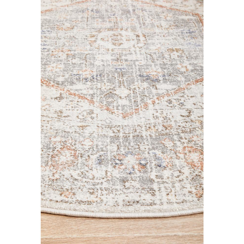 Bergen 1433 Silver Grey Soft Blue Warm Peach Transitional Medallion Patterned Round Rug - Rugs Of Beauty - 7