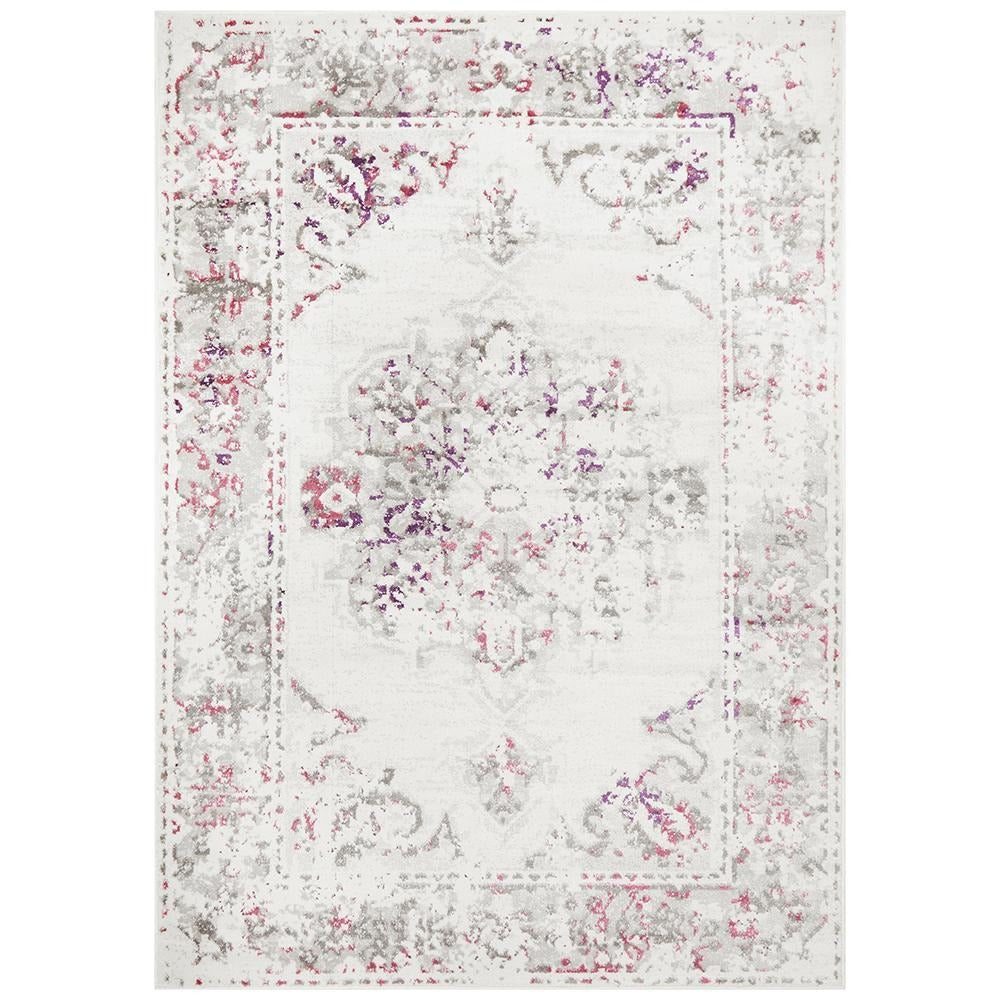 Pink beige and grey transitional abstract rug with distressed medallion and border pattern.