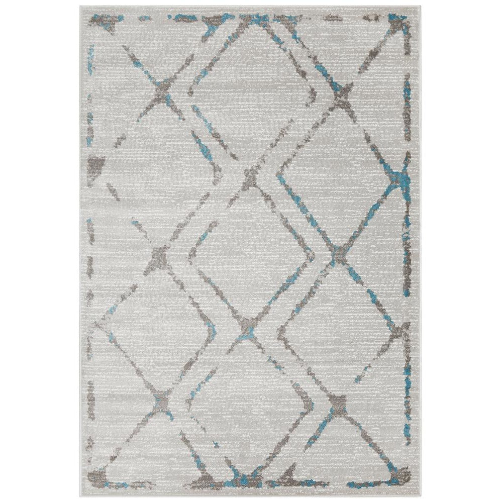 Blue, beige, and grey abstract diamond patterned rug with a modern design and textured look.