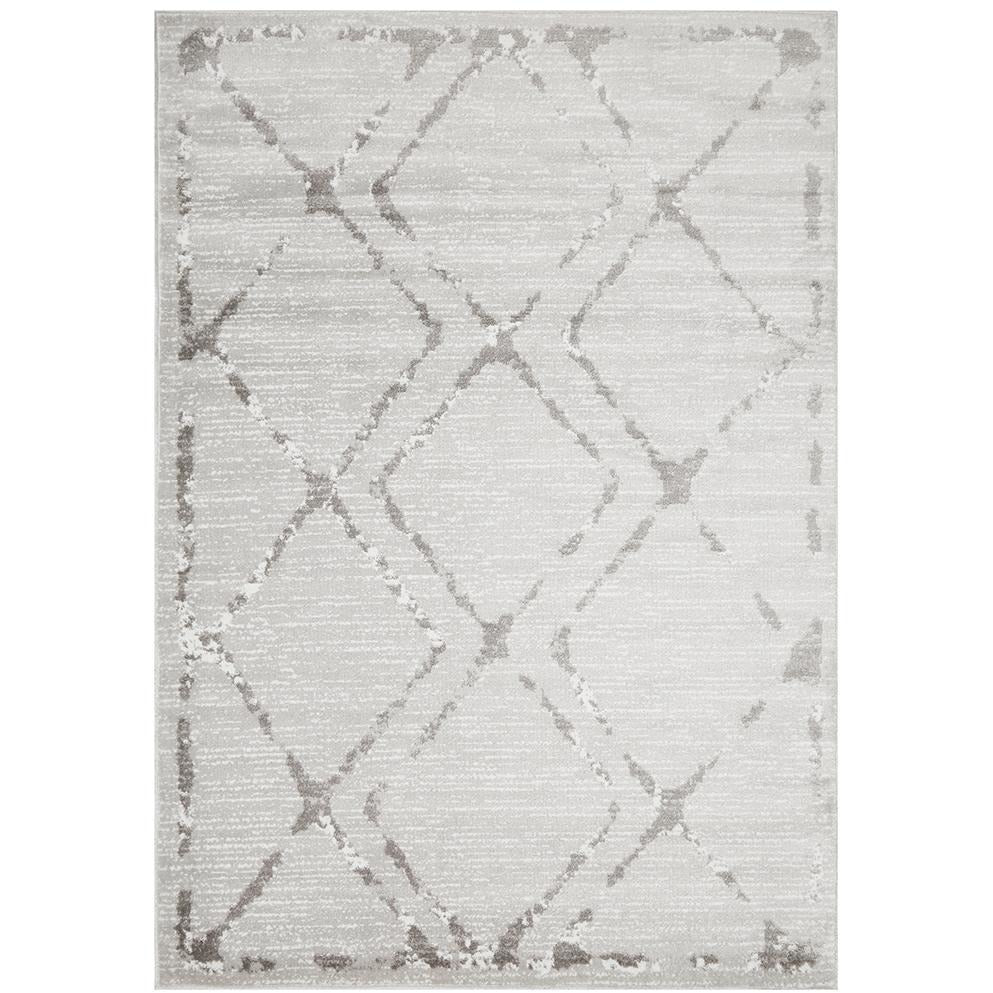 Silver grey and beige modern rug with abstract diamond pattern and textured detailing.