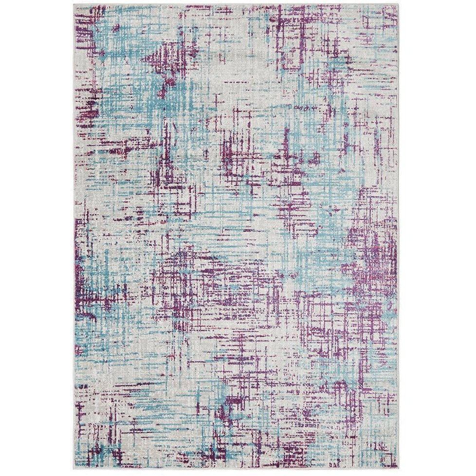 Modern abstract rug with purple, blue, and beige brushstroke pattern on a light background.