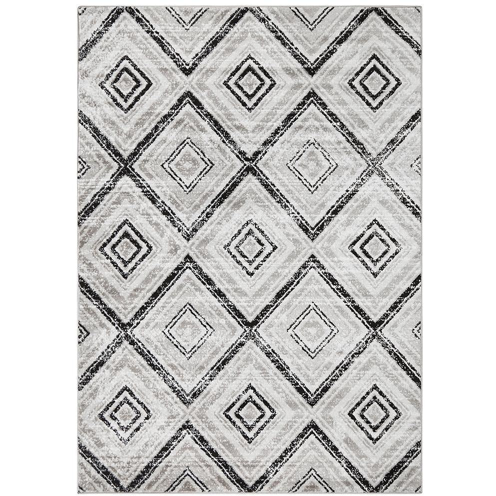 Black, beige, and grey rug with modern diamond abstract pattern on textured polypropylene surface.