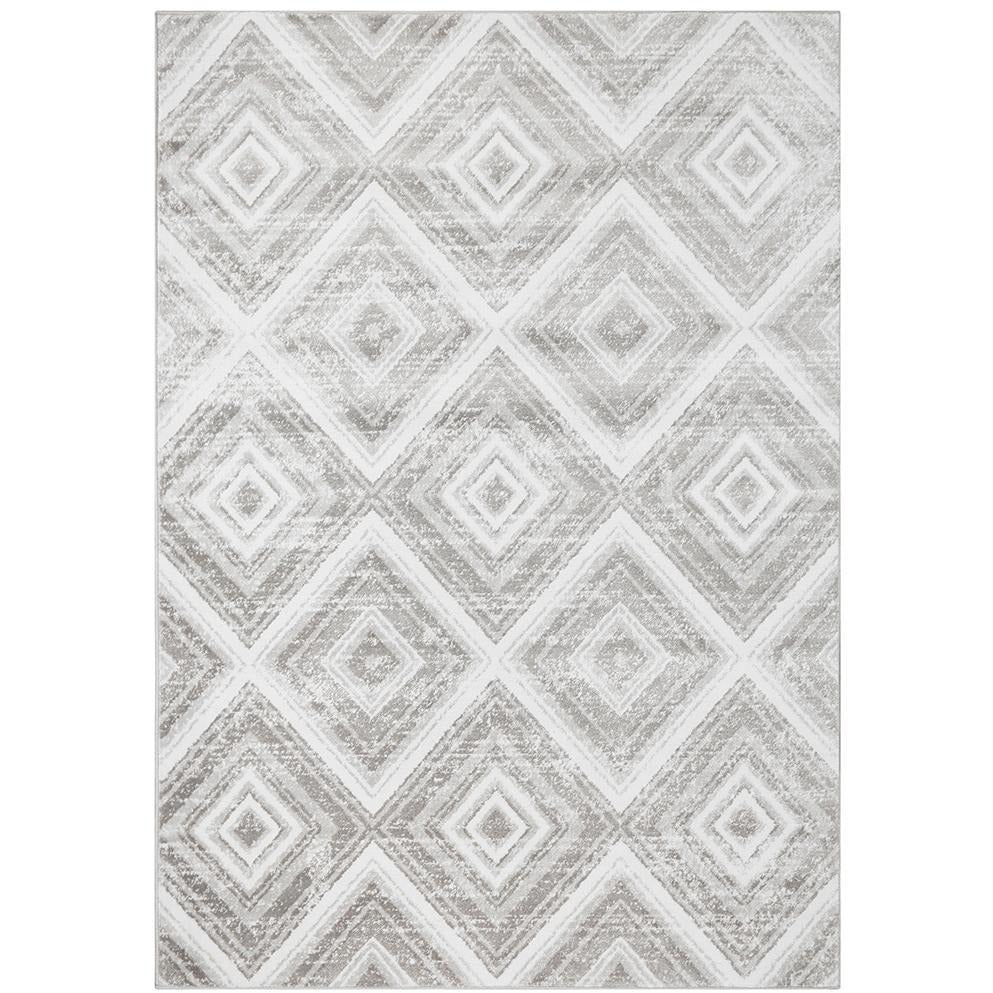 Grey and beige abstract rug with modern diamond pattern, soft textured polypropylene fibers.
