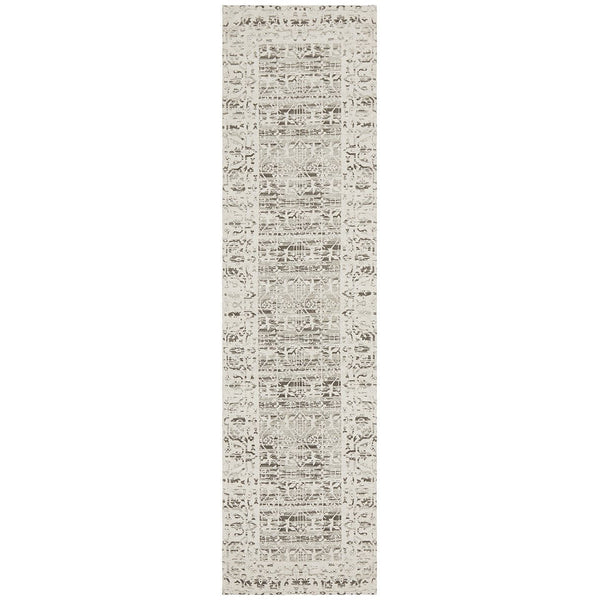 Silver grey patterned transitional runner rug with subtle beige and brown accents.