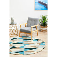 Lecce 1321 Blue Multi Colour Geometric Pattern Wool Round Rug - Rugs Of Beauty - 4