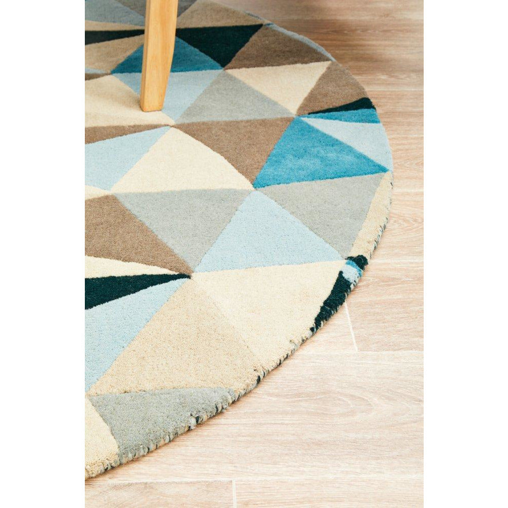 Lecce 1321 Blue Multi Colour Geometric Pattern Wool Round Rug - Rugs Of Beauty - 6