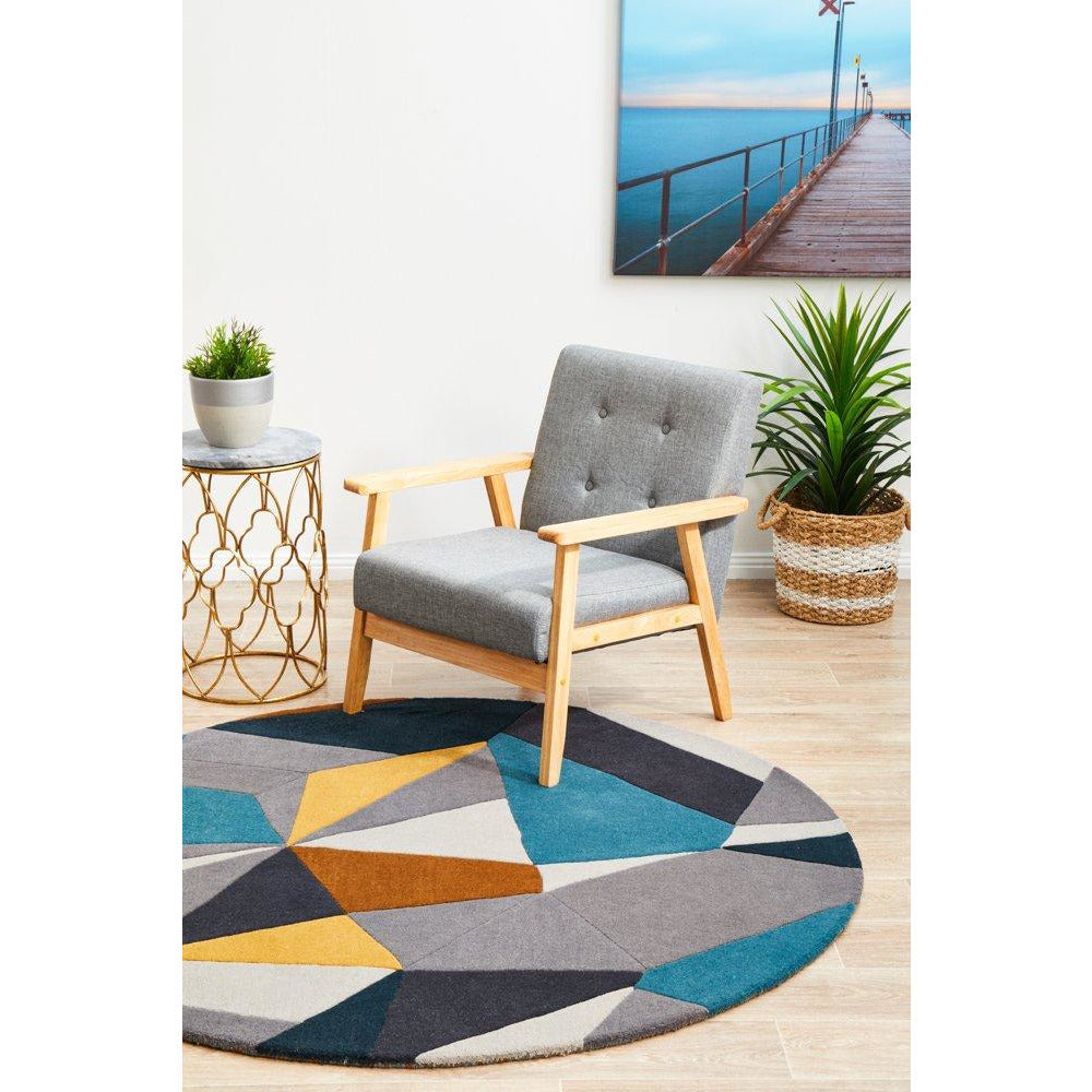 Lecce 1322 Blue Yellow Grey Multi Colour Geometric Pattern Wool Round Rug - Rugs Of Beauty - 4