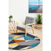 Lecce 1322 Blue Yellow Grey Multi Colour Geometric Pattern Wool Round Rug - Rugs Of Beauty - 4