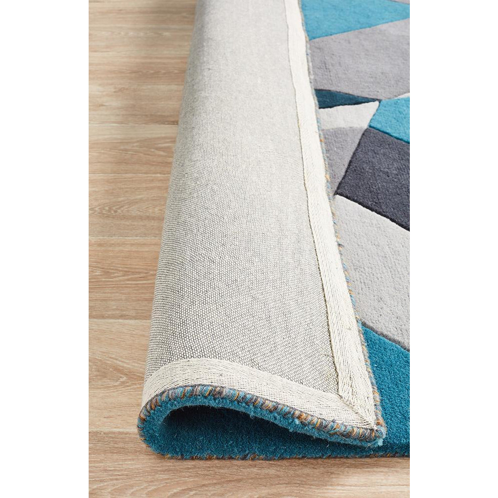 Lecce 1322 Blue Yellow Grey Multi Colour Geometric Pattern Wool Rug - Rugs Of Beauty - 7