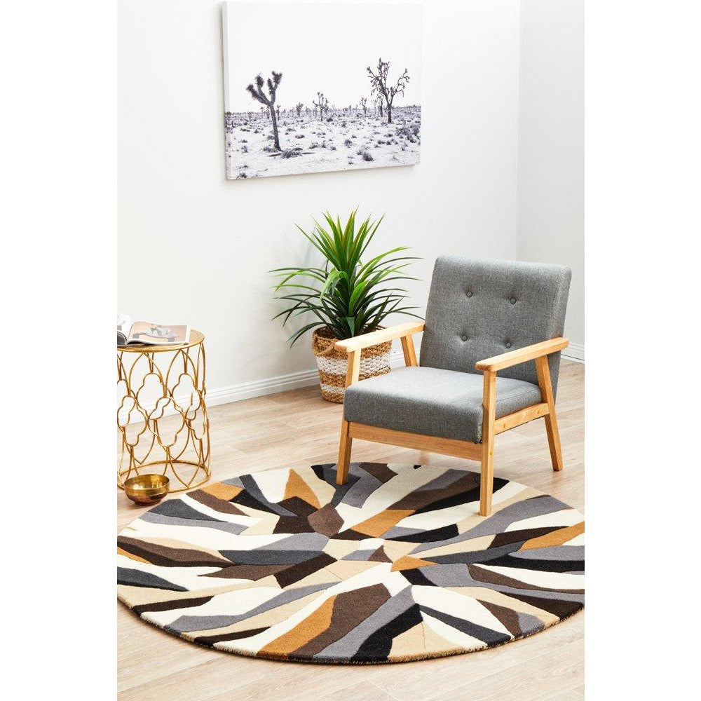 Lecce 1323 Brown White Grey Multi Colour Geometric Pattern Round Wool Rug - Rugs Of Beauty - 3