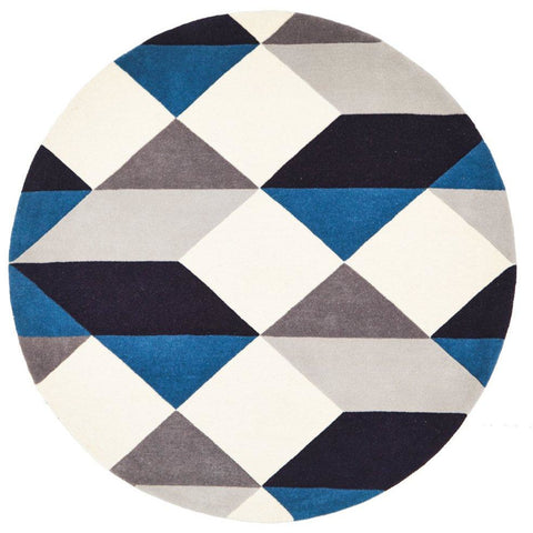 Lecce 1324 Blue Grey White Multi Colour Geometric Pattern Round Wool Rug - Rugs Of Beauty - 1