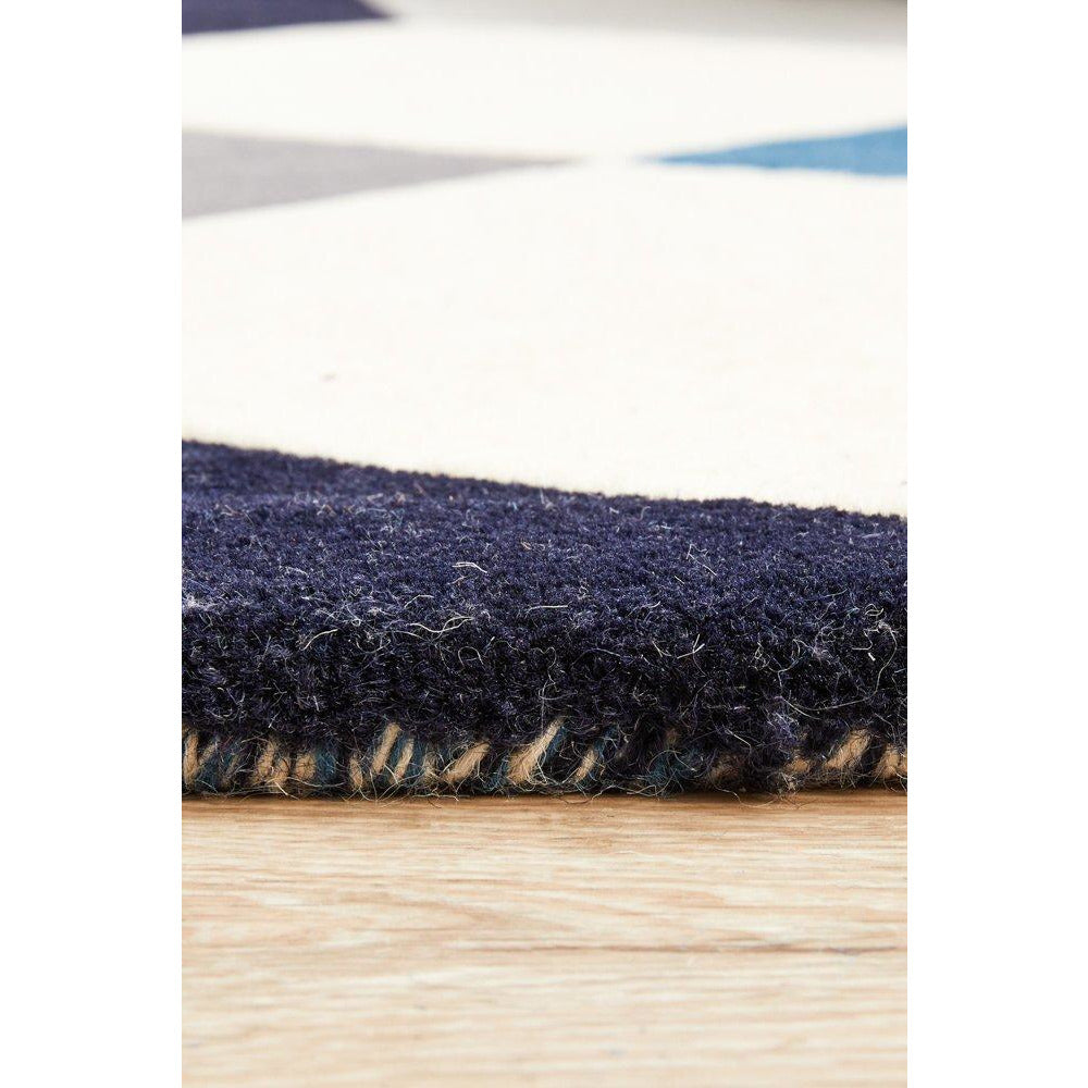 Lecce 1324 Blue Grey White Multi Colour Geometric Pattern Round Wool Rug - Rugs Of Beauty - 8