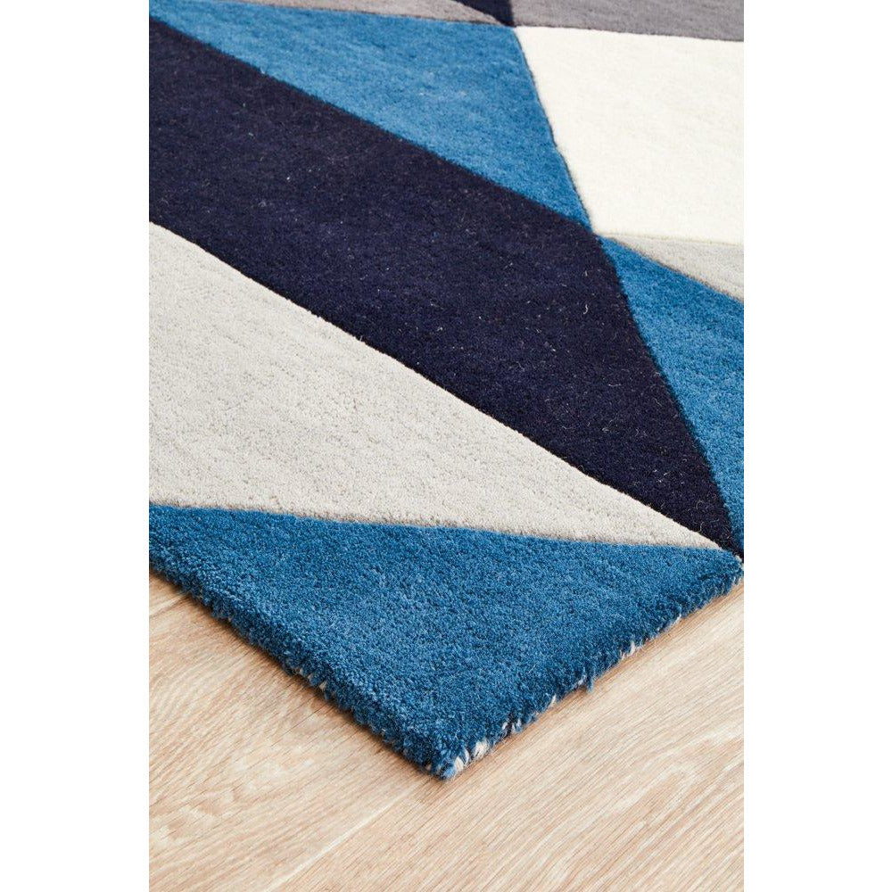Lecce 1324 Blue Grey White Multi Colour Geometric Pattern Wool Runner Rug - Rugs Of Beauty - 6