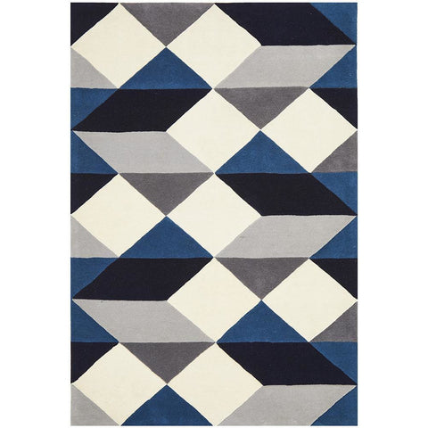 Lecce 1324 Blue Grey White Multi Colour Geometric Pattern Wool Rug - Rugs Of Beauty - 1