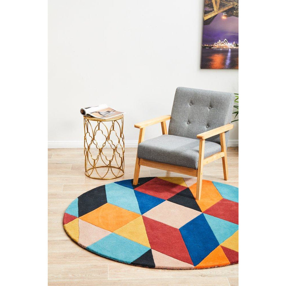 Lecce 1325 Rust Blue Navy Multi Colour Geometric Pattern Round Wool Rug - Rugs Of Beauty - 2