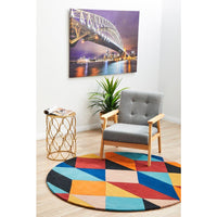 Lecce 1325 Rust Blue Navy Multi Colour Geometric Pattern Round Wool Rug - Rugs Of Beauty - 3