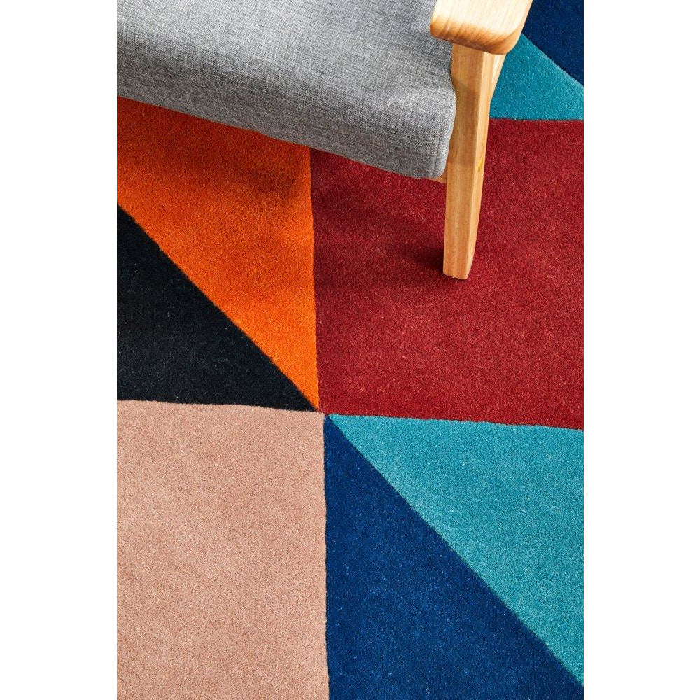 Lecce 1325 Rust Blue Navy Multi Colour Geometric Pattern Round Wool Rug - Rugs Of Beauty - 5