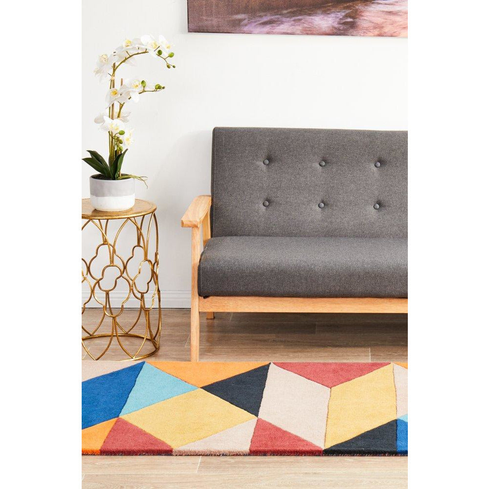 Lecce 1325 Rust Blue Navy Multi Colour Geometric Pattern Round Wool Rug - Rugs Of Beauty - 4