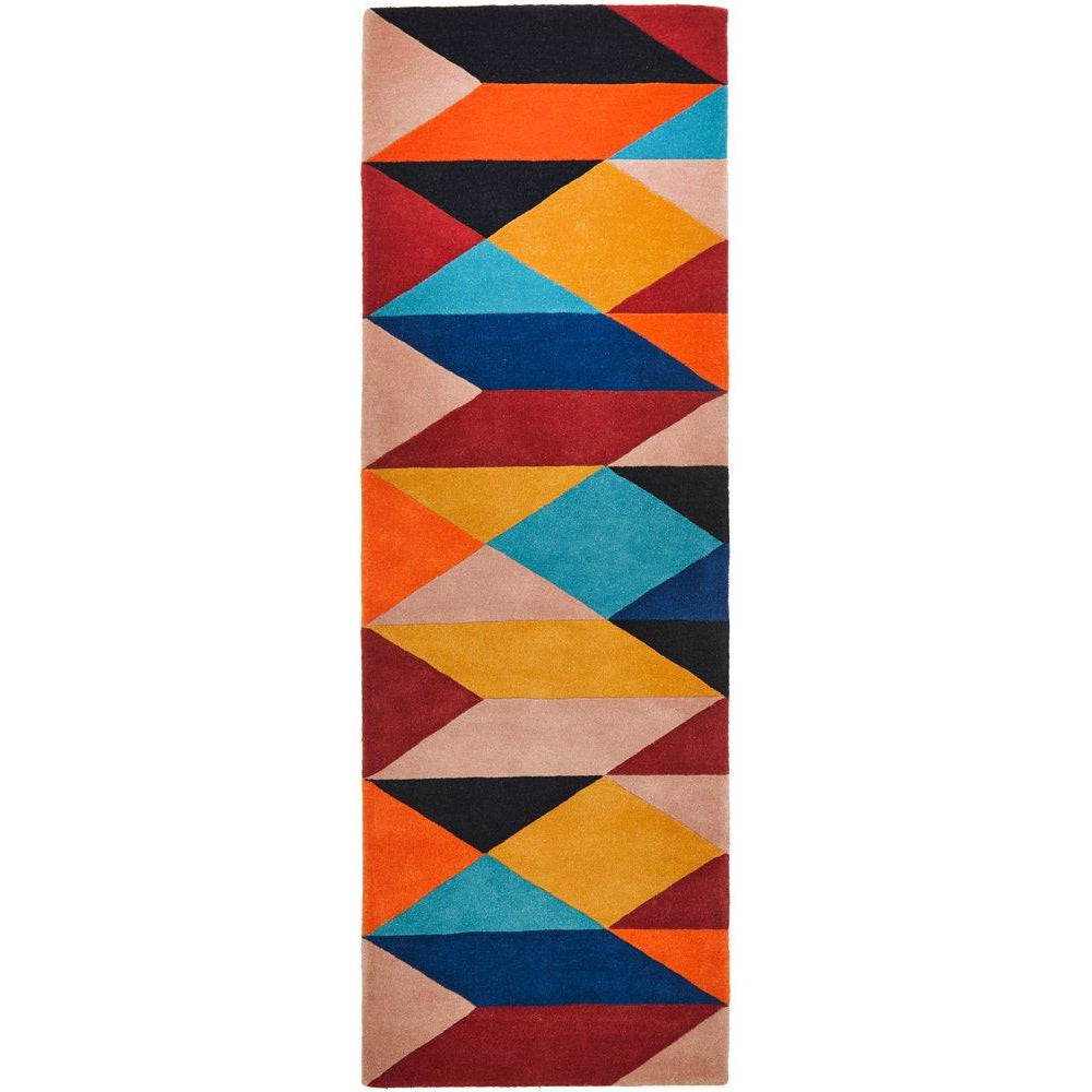 Lecce 1325 Rust Blue Navy Multi Colour Geometric Pattern Round Wool Rug - Rugs Of Beauty - 1