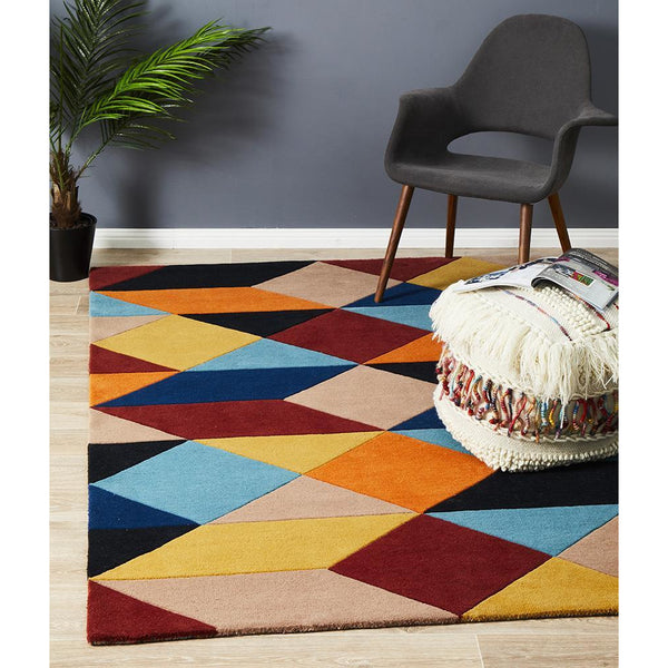 Lecce 1325 Rust Blue Navy Multi Colour Geometric Pattern Wool Rug - Rugs Of Beauty - 2