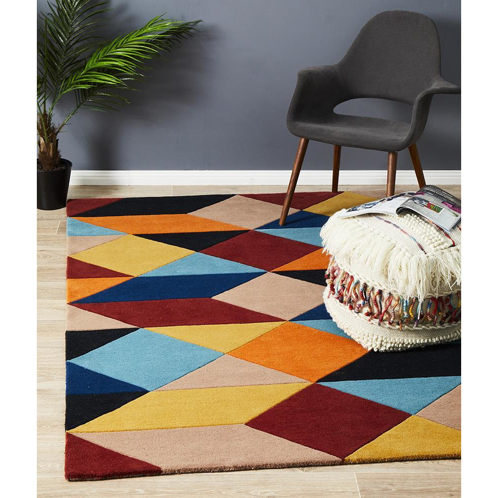 Lecce 1325 Rust Blue Navy Multi Colour Geometric Pattern Wool Rug - Rugs Of Beauty - 2
