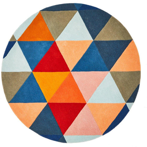 Lecce 1326 Rust Blue Navy Multi Colour Geometric Pattern Round Wool Rug - Rugs Of Beauty - 1