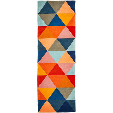 Lecce 1326 Rust Blue Navy Multi Colour Geometric Pattern Wool Runner Rug - Rugs Of Beauty - 1