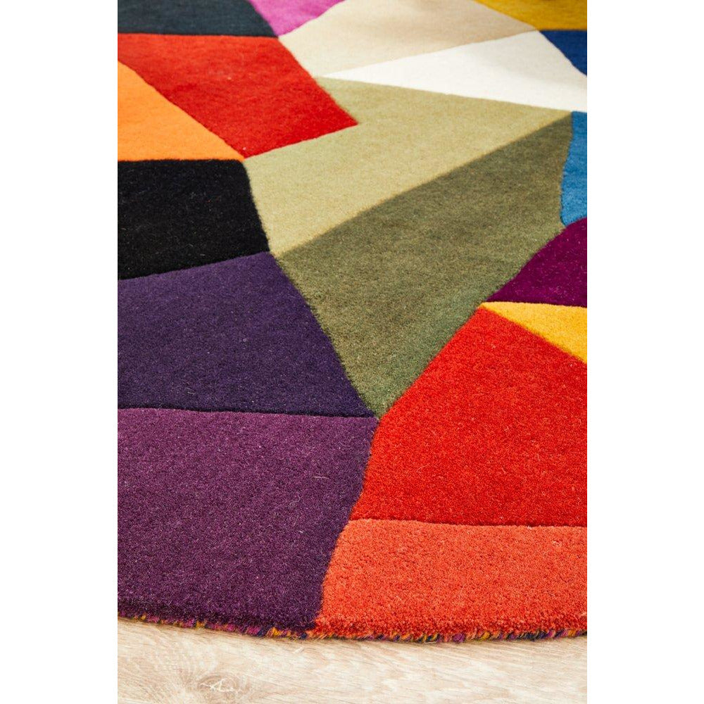 Lecce 1327 Blue Rust Purple Multi Colour Geometric Pattern Round Wool Rug - Rugs Of Beauty - 7