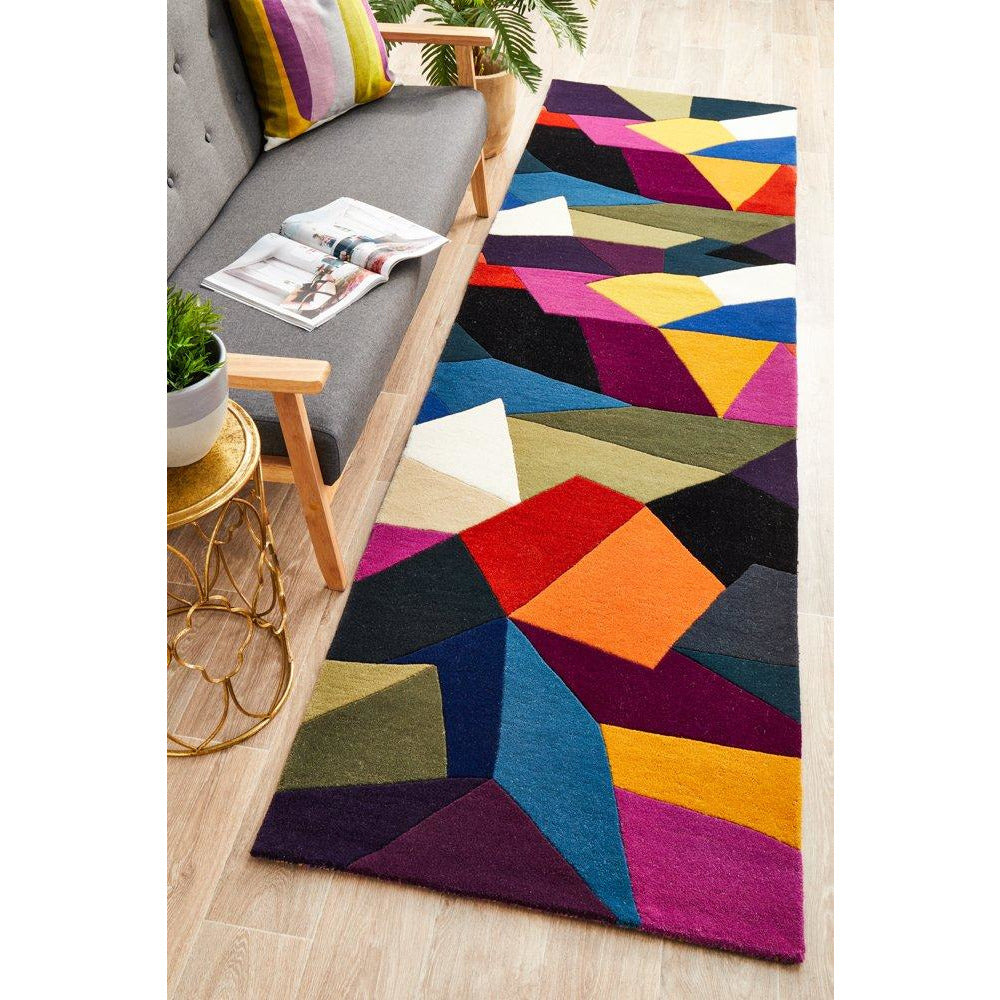 Lecce 1327 Blue Rust Purple Multi Colour Geometric Pattern Wool Runner Rug - Rugs Of Beauty - 2