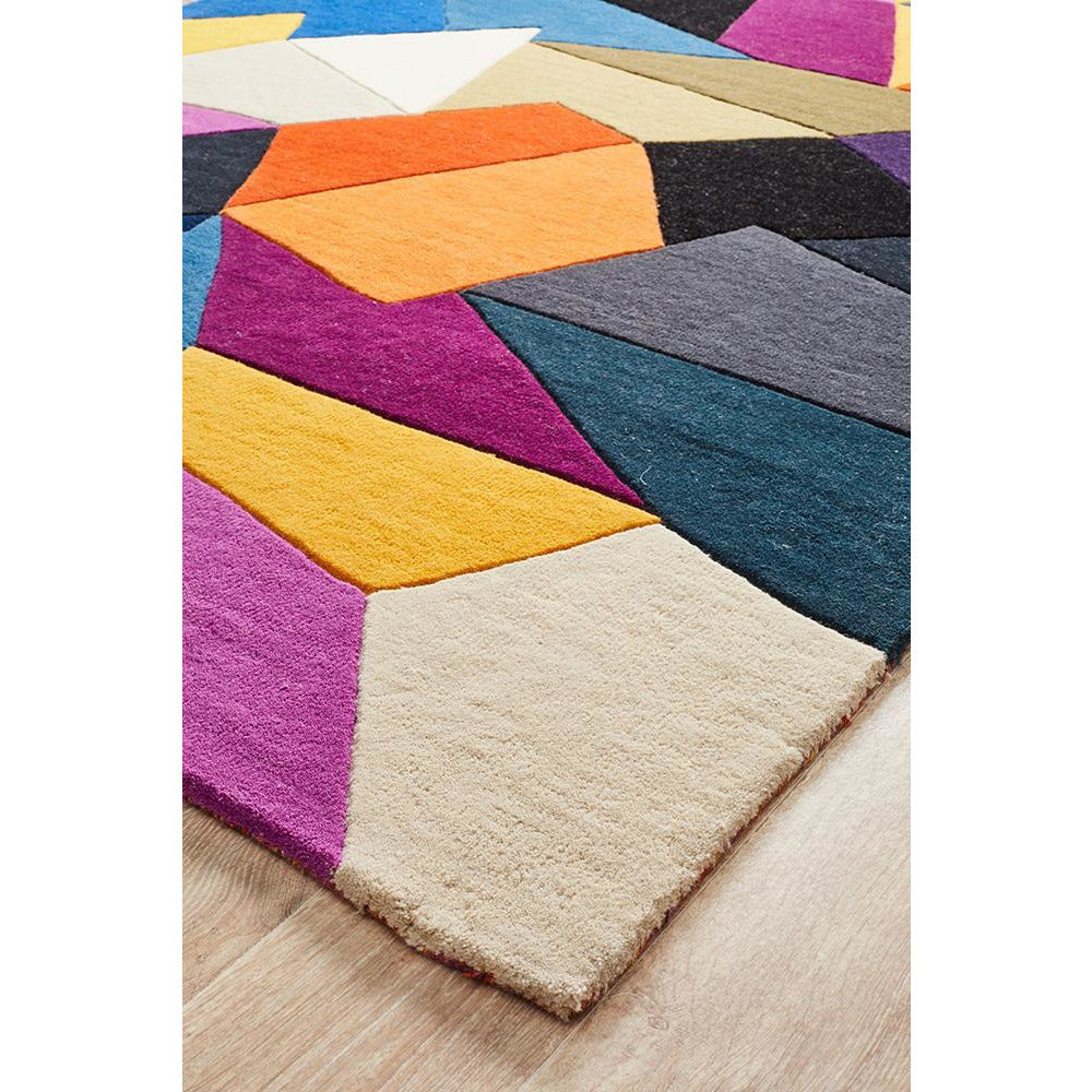 Lecce 1327 Blue Rust Purple Multi Colour Geometric Pattern Wool Rug