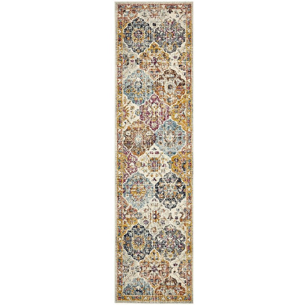 Multi-colored transitional bohemian runner rug with intricate floral and geometric patterns in blue, yellow, red, and beige.